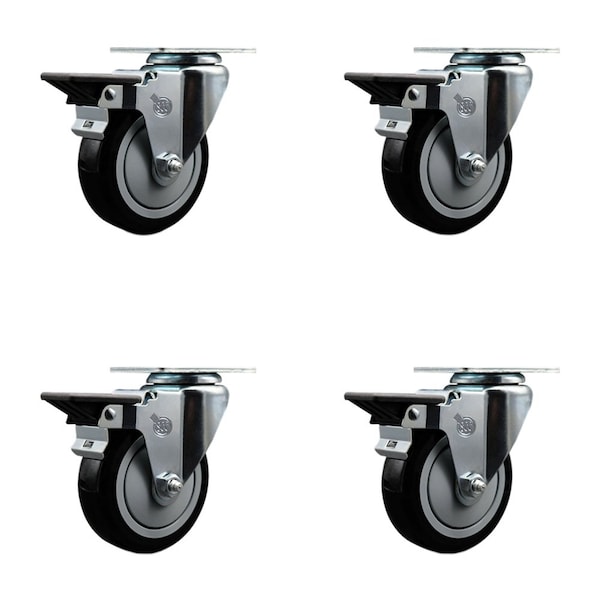 4'' Black Poly Wheel Swivel Top Plate Caster Set Posi Brake, 4PK